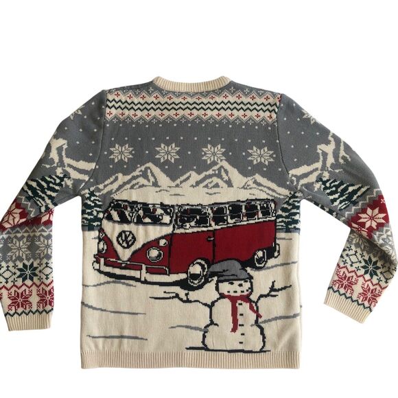 Volkswagen VW Bus Camper Van Ugly Christmas Xmas Sweater Red Grey Snowman Size S - Picture 11 of 16